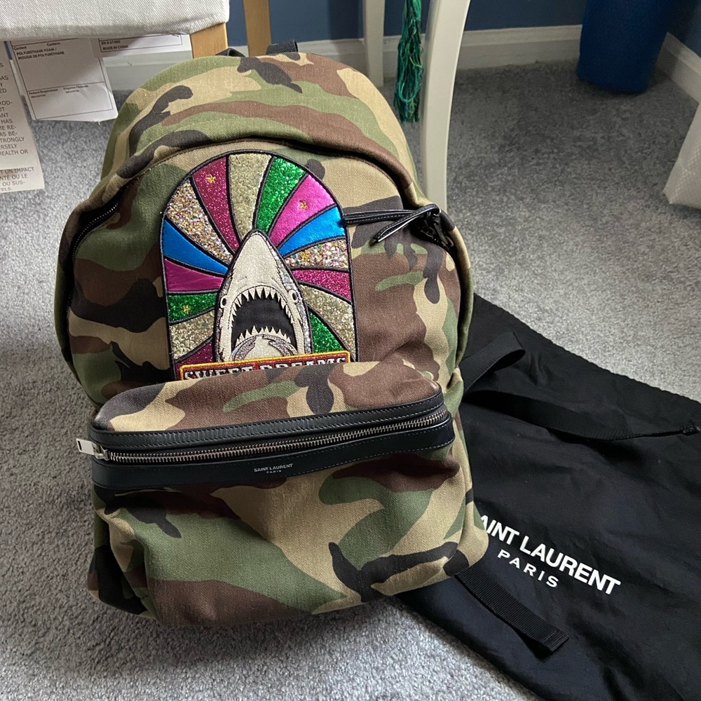 YSL Shark patch backpack in camouflage